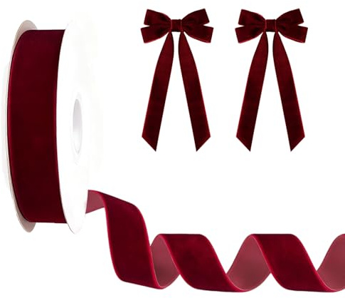 DYSWTUE Nastro in Velluto Rosso, Larghezza 20 MM, Nastro Lussuoso e Morbido in Bordeaux, per Decorazioni Dell'Albero di Natale, Accessori per Capelli, Creazione di Fiocchi Rossi e Confezioni Regalo