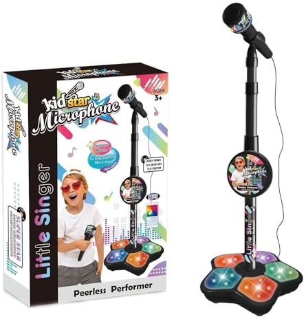 Kids Microphone and Stand, Adjustable Height Microphone Stand for Kids with Flashing Stage Lights, Microphone Karaoke with Colorful Lights,Karaoke Sing Musical Toy For Girls Boys Party Pastime (Black)