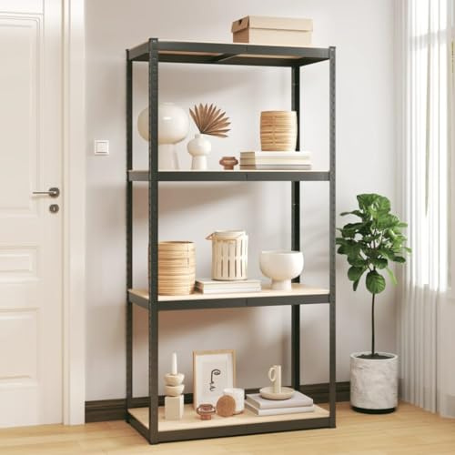 IBUQDDV Scaffale con 4 ripiani, in acciaio antracite e legno, robusto sistema di scaffali con design senza viti per un'elevata capacità di carico, ripiani regolabili in altezza e flessibile