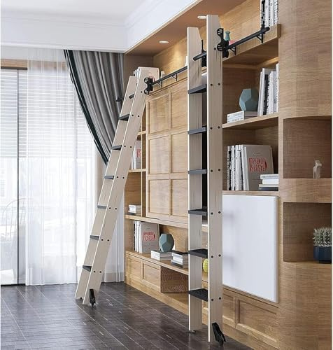 Komplettes Schiebeleiter-Montageset mit Bodenrolle, horizontaler Wandschiene aus schwarzem Stahlrohr und ausziehbarer Teleskopschiene (1–6 m) für Bibliothek, Wohnmobil, Dachboden –