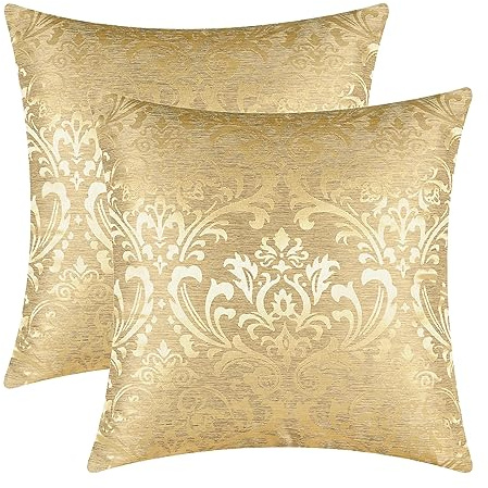 CaliTime Kissenbezüge Kissenhülle Packung mit 2 Wurfkissenbezügen Cases Vintage Damast Floral Glänzend & Matt Kontrast 45cm x 45 cm Gold