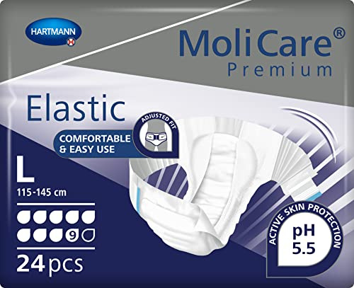 MoliCare Premium Elastic Unisex Einweg-Slip: diskrete Anwendung für Frauen und Männer mit Inkontinenz; 9 Tropfen, Größe L, 24 Stück | 24 Paar, dreilagiger Saugkern für sehr starkes Auslaufen, elastische Seitenteile, sofort trockenes Gefühl, hautfreundlich
