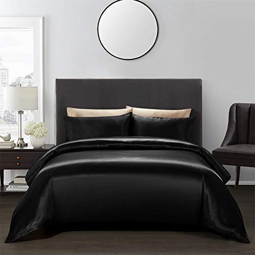 AiMay Satin Duvet Cover Set Bedding Sets Luxury Rich Silk Silky Super Soft Solid Color 2 Piece (1 Duvet Cover +1 Pillowcase) Honeymoon Sexy Reversible Stain-Resistant Wrinkle Free (Twin,Black)