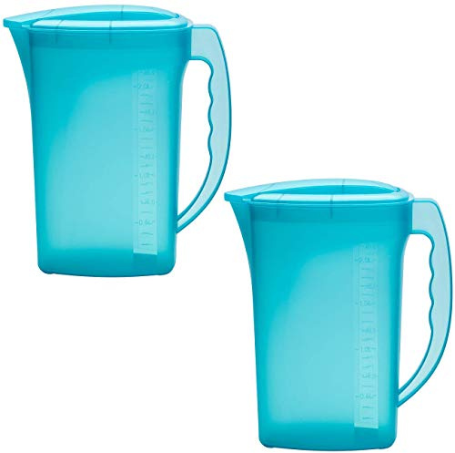 Engelland - 2 x Getränkekrug mit Deckel, Blau, für Saft, Wasser, Eistee, Softdrinks, Kanne, Behälter, Kühlschrankkrug, Multifunktionsbox, 2 Liter, Füllskala, BPA-frei, Kunststoff