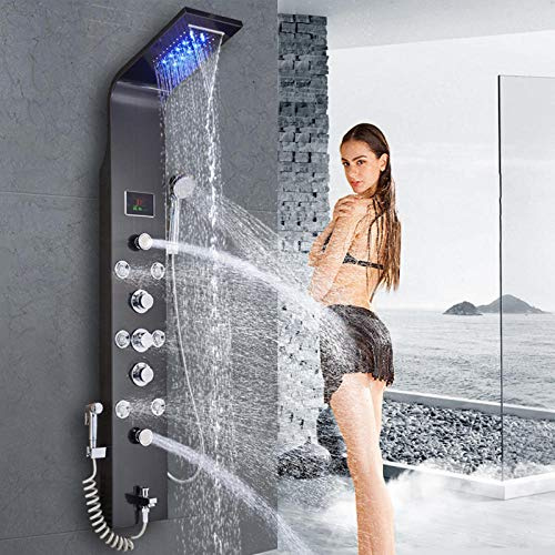 Wieoc Panneau de douche de pluie LED en acier inoxydable à 6 fonctions avec bec de baignoire avec système de douche/à poignée à main-Orb 8009