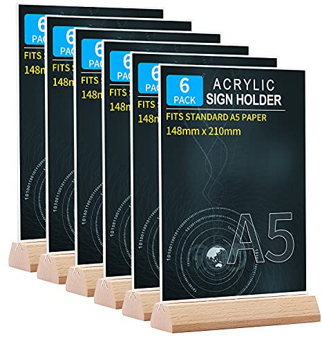 Srvnpioy A5 Ständer Aufsteller Tischaufsteller (6 Stück) A5 T-Ständer Werbeaufsteller T-Aufsteller Holzsockel Menükartenhalter aus Glasklar Acryl für Restaurants Speisekarten Dokumente Büro