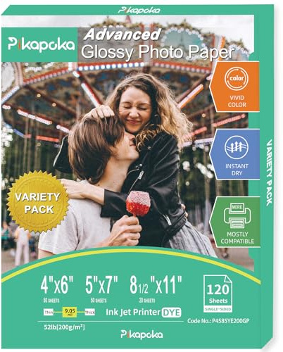 Pikapoka Glossy Photo Paper 4x6, 5x7, 8.5x11, 120 Variety Pack Bulk, Assorted Sizes, Inkjet printer, 52lb/200gsm
