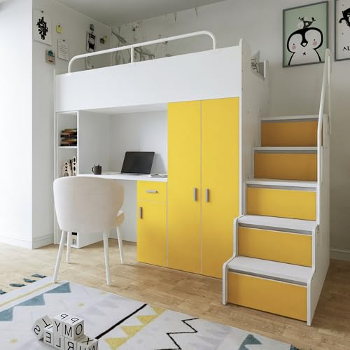 Marlux-Meble Hochbett Kinderbett JSM-4 90x200 mit Kleiderschrank Schreibtisch und Treppe Matt Kinderbetten Funktionsbett Etagenbett Stockbett Kinderhochbett Jugendhochbett (Gelb Matt)