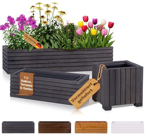 BooGardi Blumenkasten Holz mit Einsatz · Blumenkästen in 3 Größen & 4 Farben · 64x20x14cm Anthrazit · Pflanzkasten für Balkon & Terrasse · Pflanzkübel außen & innen · Blumentopf vormontiert