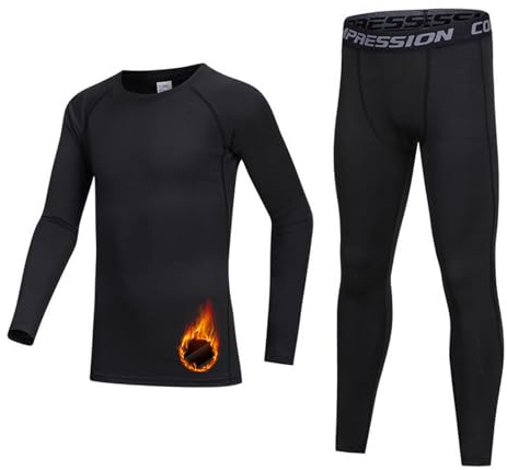 Gavena Boys Thermal Compression Sets Kids Lined Base Layer Suits Winter Warm Underwear Kits Youth Fleece Athletic Tights & Top Sets(10-11 Years,Black)