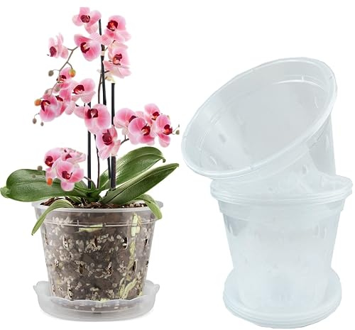 WDragon Lot de 5 pots à orchidée en plastique transparent avec trous et soucoupes pour kit de rempotage d'orchidées 11 cm, 14 cm, 17 cm avec soucoupe