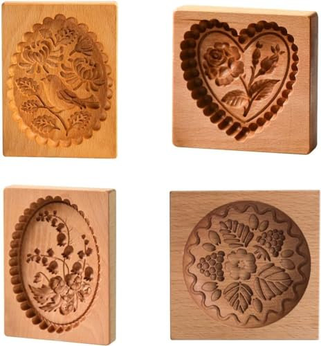 Anloximt 4-Packs Moule et Découpeur 3D Sculpté en Bois pour Biscuits et Gâteau Lunaire