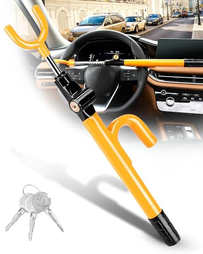 Tevlaphee Steering Wheel Lock, Car Security Lock, Heavy Duty Anti-Theft Device, High Visibility, Universal Fit for Cars, SUVs & Vans, Adjustable, Solid Steel Core, 3 Keys(Yellow)