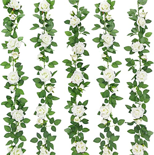 5 Pièces Guirlande de Fleur Artificielle Rose Suspendue, Fausse Plante Fleur Soie avec Feuilles de Lierre Vert, Pour Décoration de Mariage et Fête de Jardin
