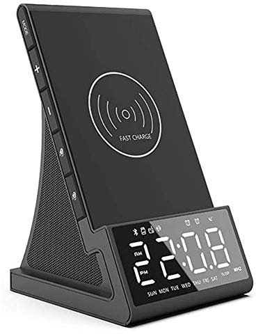 ERNZI Alarm Clock with Qi Wireless Charging, Speaker Wireless Charging Bluetooth LED Alarm Clock with Wireless Charging Dock Stand Fm Radio USB Fast Charger