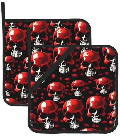 Lot de 2 maniques de cuisine résistantes à la chaleur Motif squelettes rouges