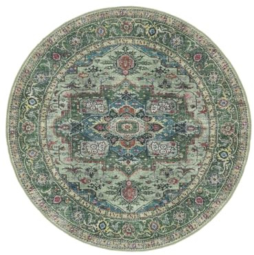 RugVista Georgia Oriental Teppich, Ø 120 cm, Grün/Multi | Orientalische, Rund, Mittlerer Stapel, Maschinenwäsche, Oeko-Tex 100, Wohnzimmer, Schlafzimmer, Küche, Diele