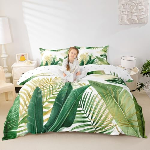 Feelyou Palm Leaf Bedding Set Twin Size Kids Tropical Leaves Comforter Cover Set for Boys Girls Teens Leaf Pattern Duvet Cover Botanical Leaf Branches Bedspread Cover Leaf Branches Quilt Cover