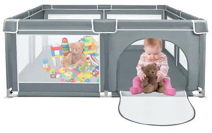 Laufgitter für Babys, 180 x 150 cm, Aktivität für Kinder, mit Basis, modular, faltbar, großer Laufstall für Kleinkinder mit Tür mit Reißverschluss (grau)