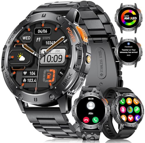 DREMAC Smartwatch Herren Militär,530 mAh Akku/1,43'' Amoled-Sportuhr mit Taschenlampe/3 Armbänders,120+ Sportmodi,IP68 Wasserdicht Fitnessuhr mit 24/7 Herzfrequenz,Schlafmonitor für Android iOS