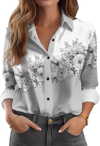 Minetom Chemisier Femme Elégant Col en V Manches Longues Imprimé Chemise Été Bouton Blouse Casual Travail Bureau Tunique Shirt Haut Tops A Gris 3XL
