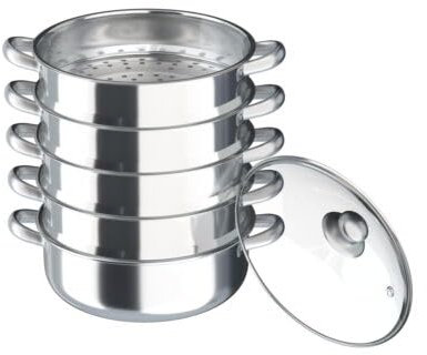 TuliperMood 5 Tier Stainless Steel Steamer, 30cm Large Steam Cooker Steamer Kitchen with Glass Lid, Pot & Pan Set, Integral Casserole Pot, Cook Food