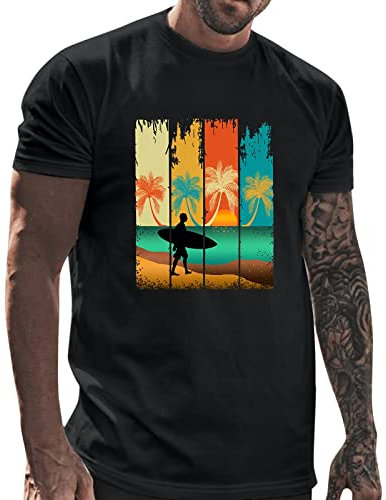 Männliches Frühlings- Sommerferien-Strand-Druck-T-Shirt mit Rundhalsausschnitt, großer Kurzarm-Top-Bluse Armband Stoppuhr (4-Black, L)