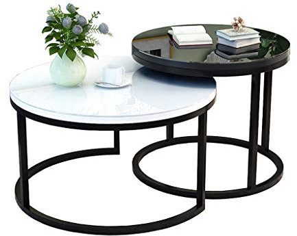 MPFYRCOJ Moderne, runde Stapeltische, Satztische für Zuhause und das Büro, Wohnzimmer, Lobby, Rezeption, Metallrahmen aus gehärtetem Glas, Klein (Schwarz) + Groß (Weiß)