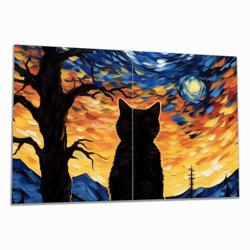 Wallario Herdabdeckplatte/Spritzschutz aus Glas, 2-teilig, 80x52cm mit 8 mm hohen Füßen, für Ceran- und Induktionsherde, Katze im Sternenlicht