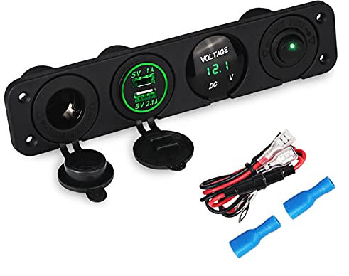MUEOSI for Panneau de Commutation à 4 Trous Yacht Double Chargeur de Voiture USB voltmètre Prise Allume-Cigare Panneaux de Commutation de Bateau 12v Tableau électrique(Green)