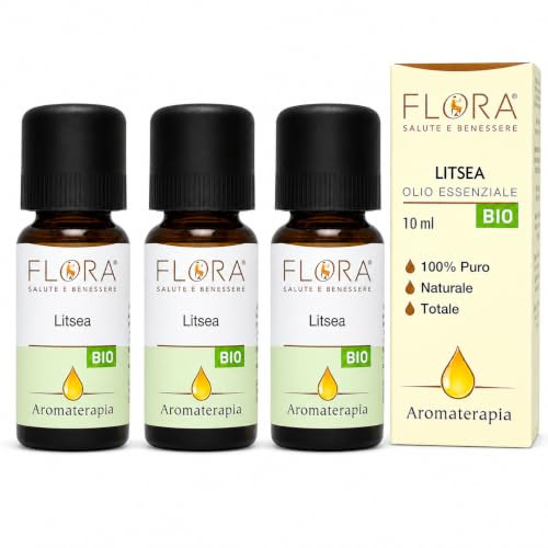 FLORA Litsea Olio essenziale, pack da 3 da 10 ml, BIO-CODEX - 100% puro naturale e totale proveniente da coltivazioni biologiche controllate