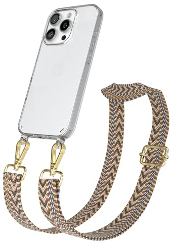EAZY CASE Handykette - Verstellbares Taschenband kompatibel mit iPhone 16 Pro, Schulterriemen, Handykordel mit Silikon Hülle, Umhängetasche, Braun Gold