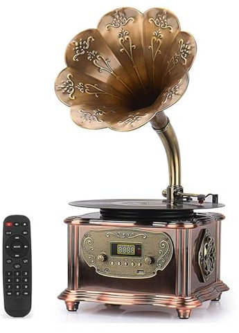 Giradischi retrò, tutto in uno, grammofono vintage per LP con tromba in rame, altoparlante incorporato e subwoofer
