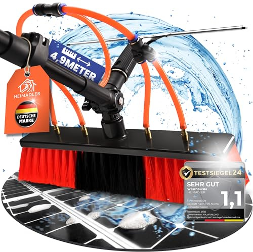HEIMADLER Profi Teleskop Waschbürste mit Wasseranschluss 4,9m | Set für Wintergartenreinigung & PV-Anlage | Waschbürste mit Teleskopstiel & Stange | inkl. 10m Schlauch, Seifenspender & Abzieher