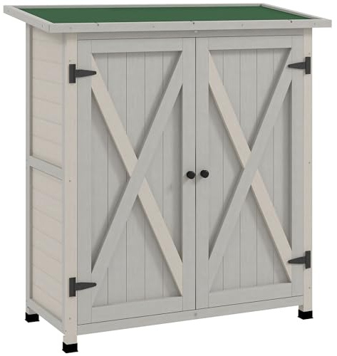 Outsunny Gartenschrank Holz, Geräteschuppen wetterfest 110 x 55 x 117 cm, Gerätehaus mit Tür, Pultdach, Ablagen, Geräteschrank, Gartenhaus Werkzeugschrank Gartenschuppen für Garten Terrasse Hellgrau
