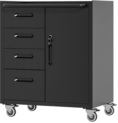 IKIMI Mobile Tool Storage Cabinet with 4 Drawer and 1 Locking Doors,Heavy Duty Rolling Tool Cabinets for Garage,Metal Storage Cabinets with Wheels,Assembly Required