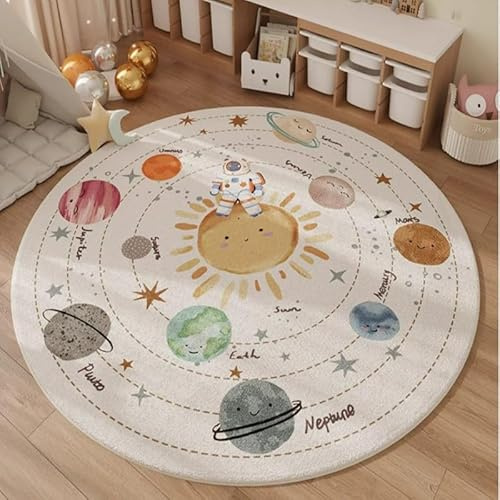 Poowe Sonnensystem-Teppich für Kinder, pädagogischer Lernteppich, lustiger Teppich für Spielzimmer und Kinderzimmer (120 cm rund)