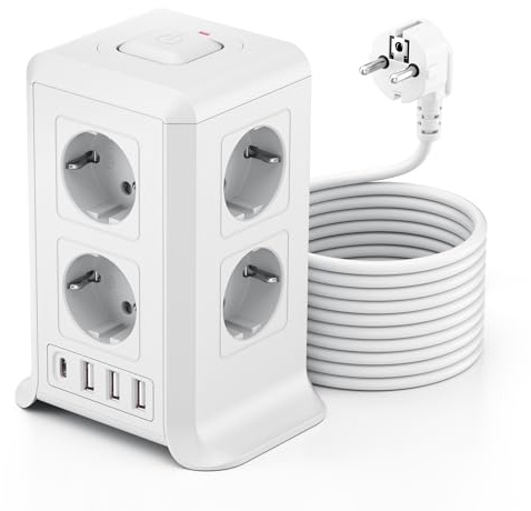 Torre Regletas Enchufes 3 M, Regleta USB 8 Tomas de AC y 4 USB Enchufe Multiple, 2500W/10A,Regleta Enchufes Proteccion Sobretension, Regreltas Vertical con Interruptor para,Casa, Mesa, Oficia, Blanco
