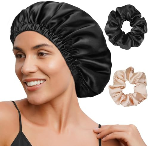 FOLAI 1 Stück Schlafmütze Satin Bonnet Nacht Schlaf Mütze Verstellbare Schlafkappe Kopfbedeckung Weiche Kopfhaube Schlafhaube Seide mit Gummizug für Damen und Mädchen（Schwarz）