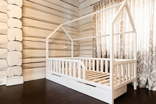 Mandrele - Montessori Hausbett mit Lattenrost und Schubladen, Rausfallschutz, Bodenbett, Kinderbett aus Kiefernholz für Jungen und Mädchen, 90x160 cm, Weiß