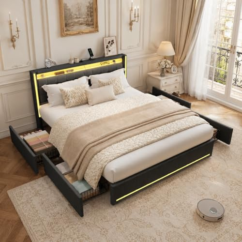 BRILVERDE Polsterbett Doppelbett 160x200cm mit stauraum,Stauraumbett mit 4 schubladen,LEDbett kopfteil mit USB-Ladefunktion,Leinen (Dunkelgrau, 160x200 cm)