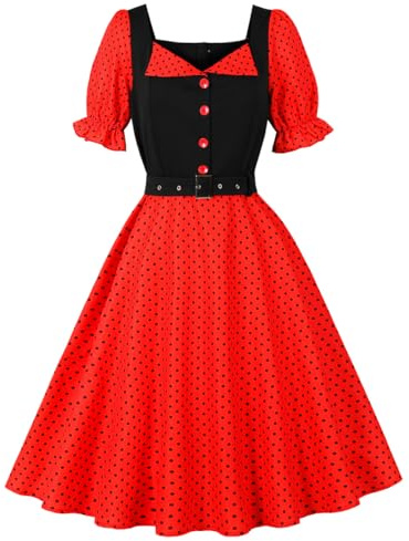 Wellwits Women's Puff Sleeves Lapel Decor Polka Dots Vintage Cocktail Dress