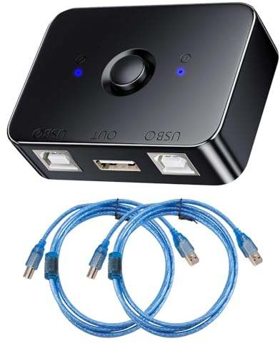 USB 2.0 Printer Sharing Switch, Umschalter Adapter 2 USB Port mit LED | Inklusive 2 * 1,5m 2.0 Druckerkabel, 2 Computer Teilen Sich 1 Drucker Manueller Switcher für PC, Drucker, Scanner