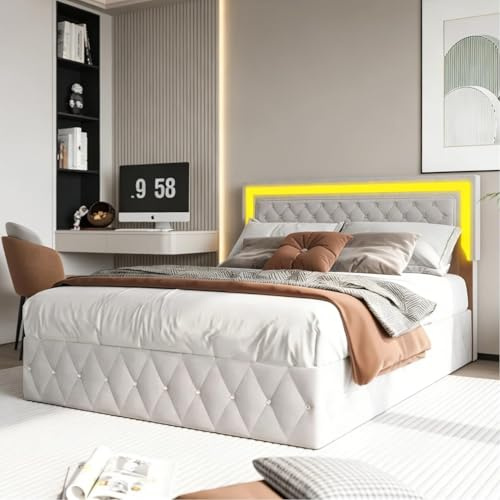 BRILVERDE Polsterbett 140x200 mit Stauraum, Doppelbett mit LED, Hydraulisch Stauraumbett, Jugendbett mit kopfteil und Lattenrost, Bettrahmen für Erwachsene, Samt (Beige, 140 x 200cm)