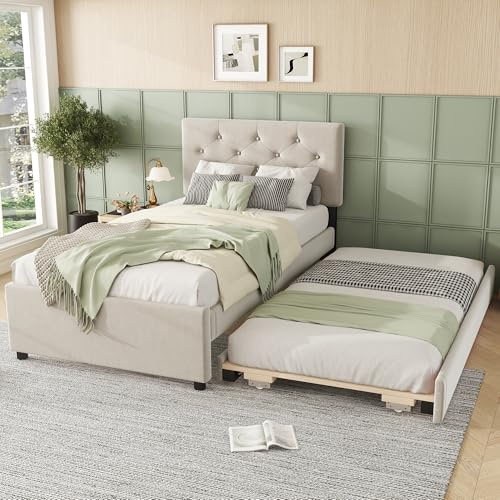 TOBIDOEN Polsterbett Kinder 90x200 cm mit Ausziehbett, Bett Ausziehbar zum Doppelbett, Jugendbett Kinderbett Rollbett mit Lattenrost für Jungen und Mädchen, Ohne Matratze, Samtstoff (Beige)