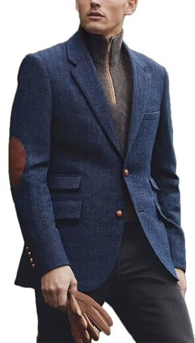 RAJEGAR Herren Tweed Jacke Sport Blazer Fischgrätenmuster gekerbtes Revers Wollmischung Vintage British Norfolk Jacke Patch am Ellenbogen, navy, XL