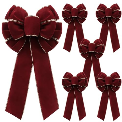 Suncalla 6 Pcs Burgundy Bows 8 x 16 for Christmas Tree, Large Christmas Velvet Bows with Gold Border Waterproof Indoor Outdoor Xmas Tree Elegance Craft for Garland Swags Lantern Outdoor Craft Decor