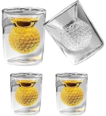 Golf Ball Shot Glasses Set of 4, 2 oz Double Wall Crystal Clear Cups for Tequila, Scotch, Whiskey, Bourbon, and Cocktail with 3D Shape Golf Ball Inside Themed Gift for Men