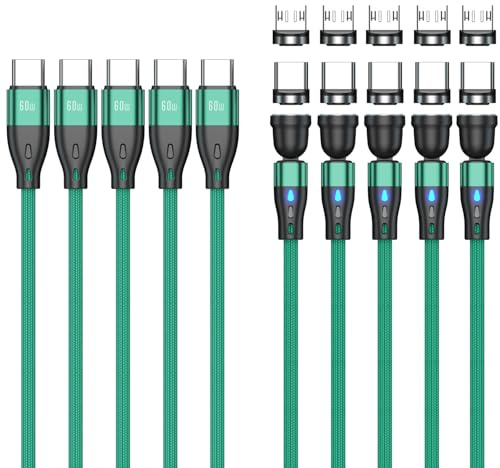 Junichi Magnetisches Ladekabel USB C auf USB C/Micro USB Magnetkabel (5 Stück,0.5m+1m+1m+2m+2m) PD 60W Schnellladung 540° Drehung 2-in-1 Magnet USB kabel für Android Micro USB Typ C Smartphone Laptop