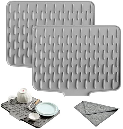 2 pieza alfombrilla escurreplatos+2 trapo，alfombrilla escurreplatos de silicona（40×30×1.3cm），alfombrilla de silicona para fregadero de cocina，bayeta escurreplatos